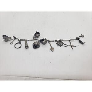 Vintage Sterling Silver Charm Bracelet Cowboy Nautical Scissors Ring Hat 7in